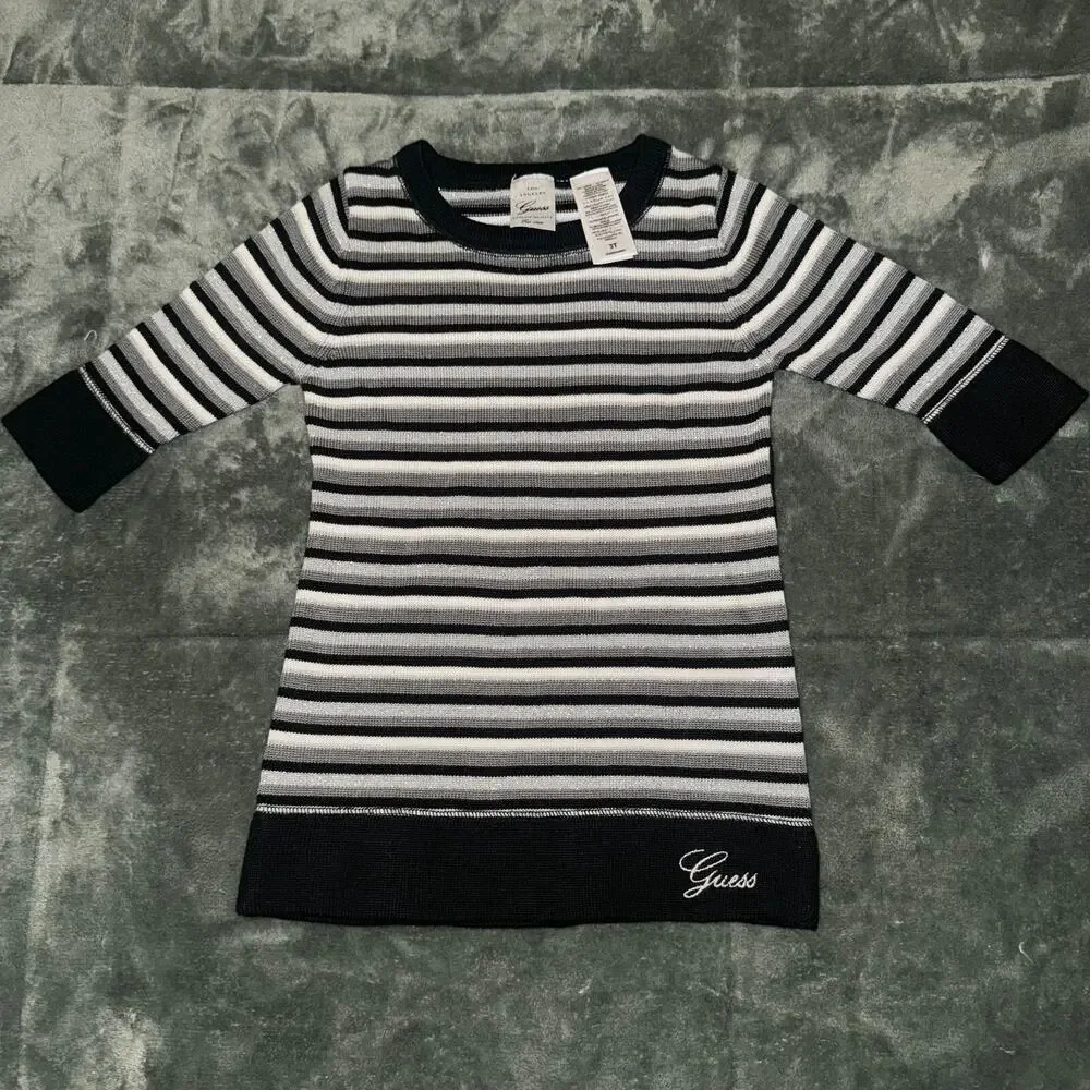 Guess Sweater Dress Kids 3T Black White Striped Crew Neck Long‎ Sleeve Pullover